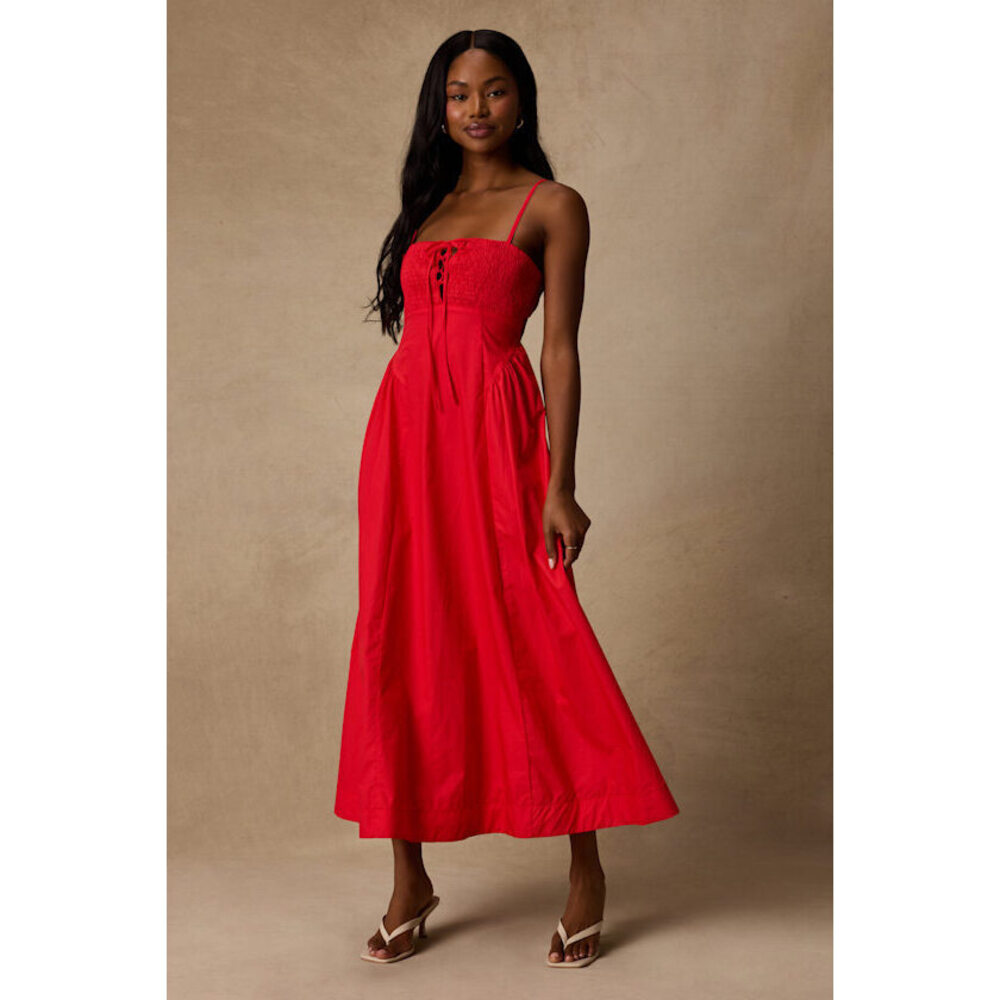 Chembery Laylie Red Poplin Lace-up Midi Dress - Size M